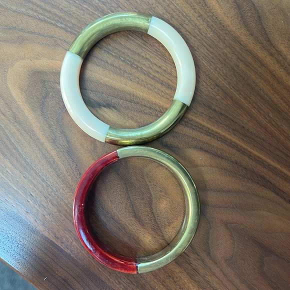 Antique bone/red and brass bracelet bangles - 2 - red, white - Picture 2 of 4